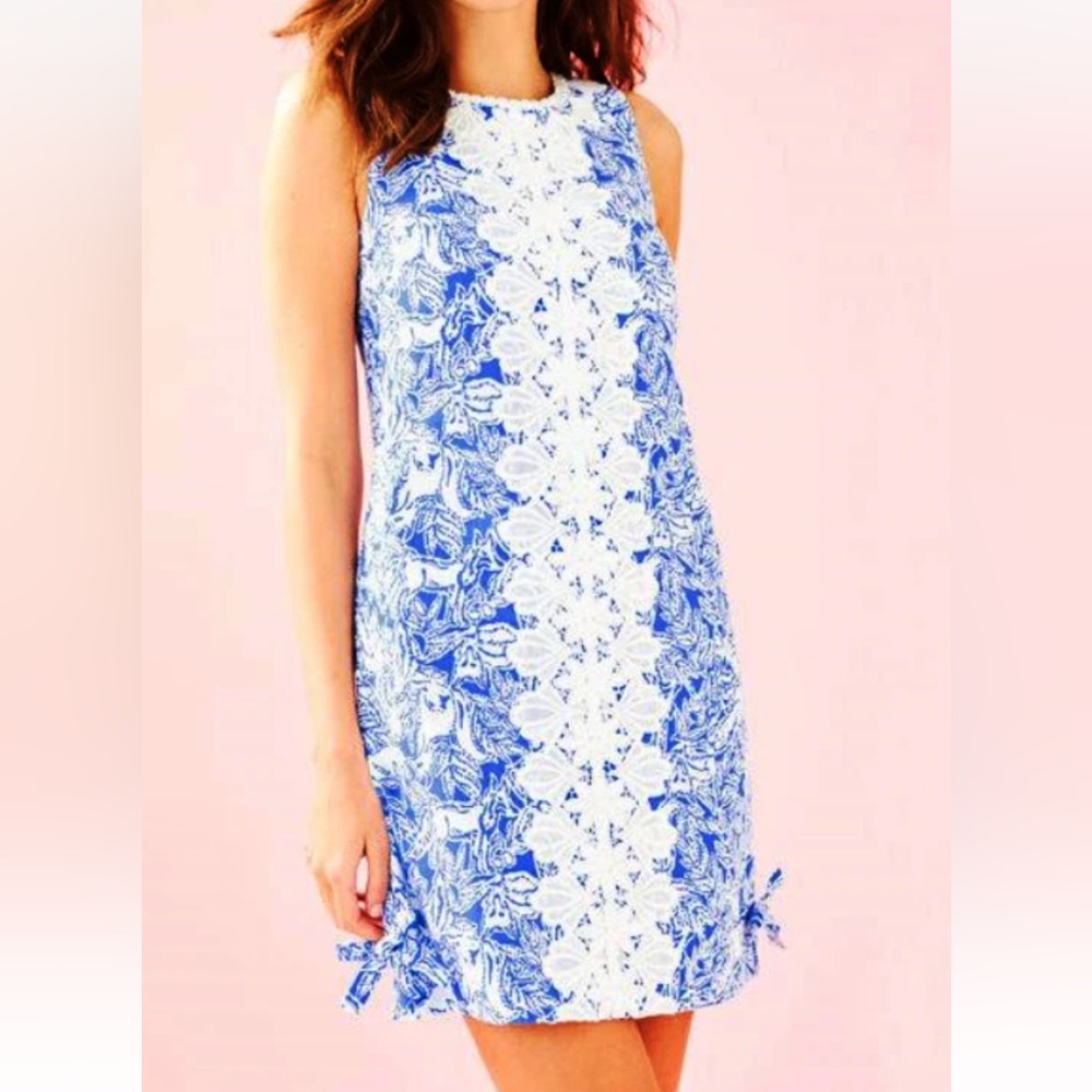Lilly Pulitzer Sz 14 MELANI SHIFT DRESS Coastal Blue Fancy Feet with White Lace